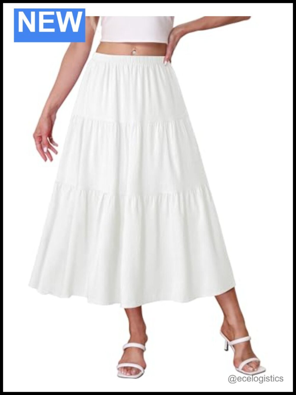 Boho A-Line Midi Skirt High Waisted Flowy Tiered Cotton Blend Pull On